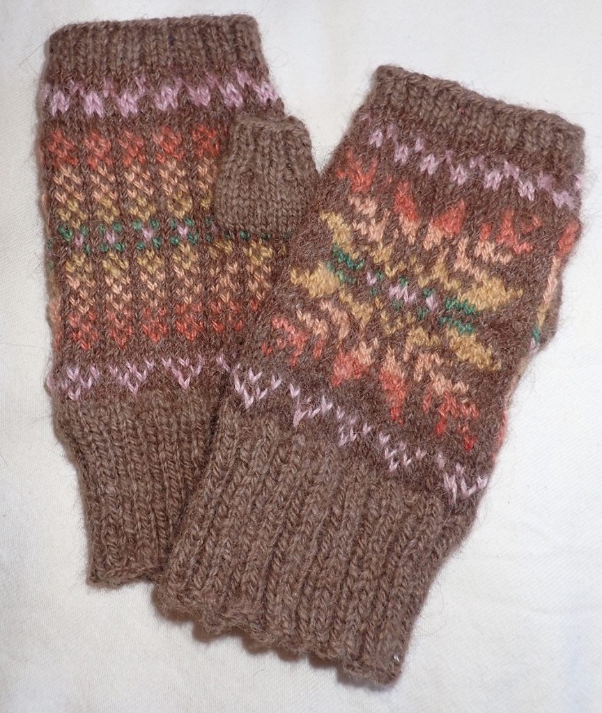 hand dyed, spun, and knit fingerless mittens